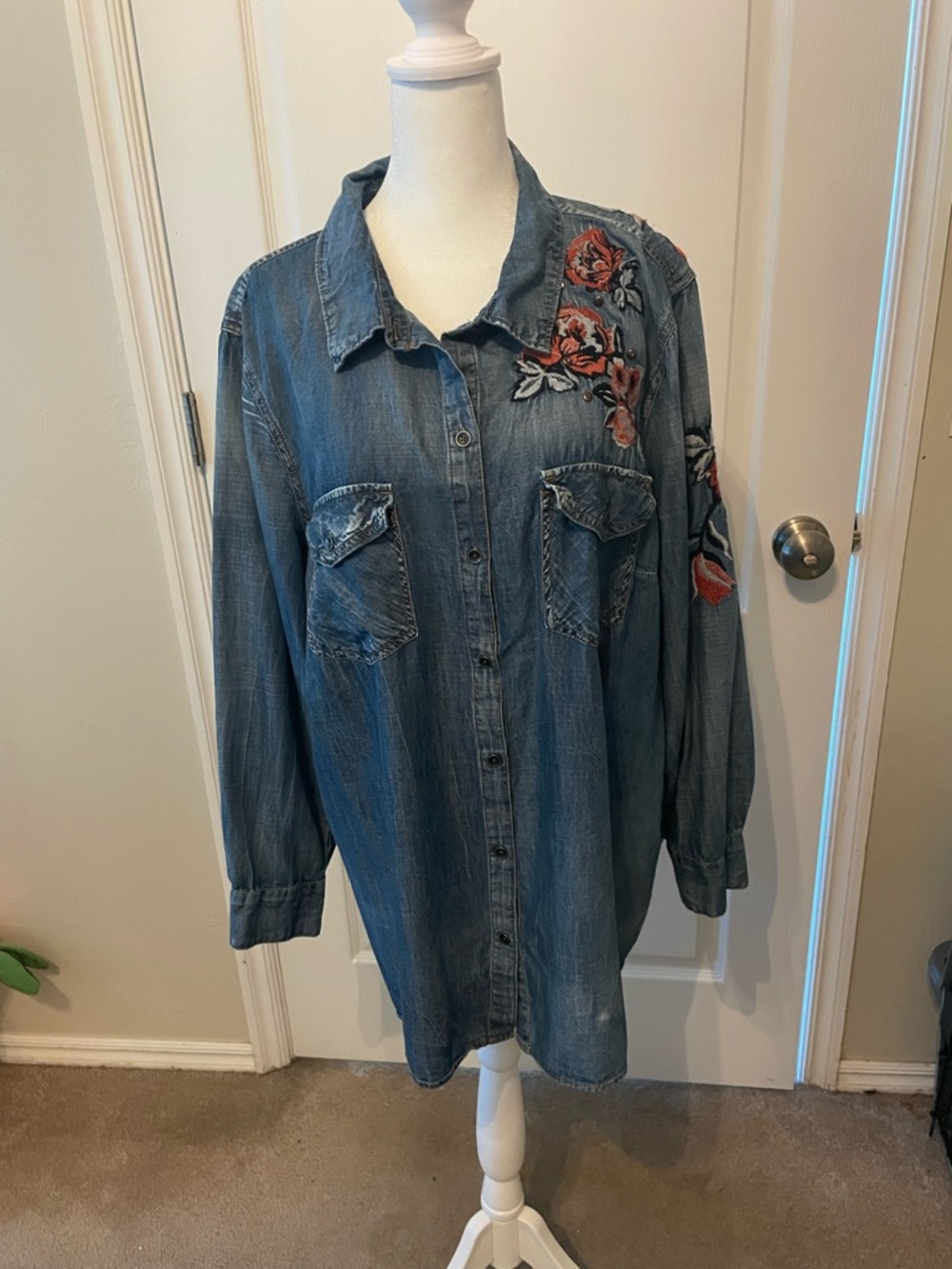 Jessica Simpson Denim Button-Down Shirt with Red Floral Embroidery